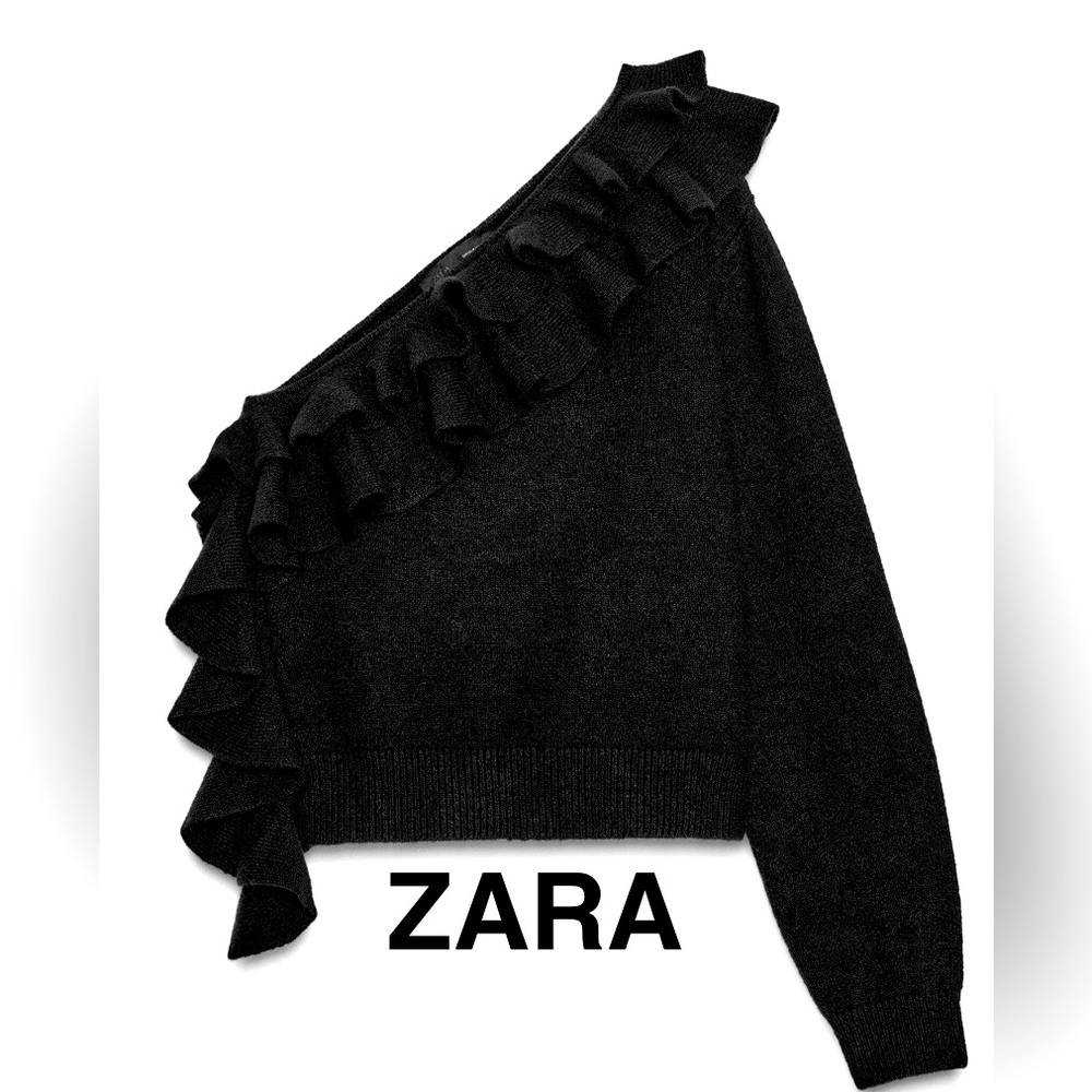 ZARA Black Asymmetric Ruffled Knit Sweater - Size M - NEW